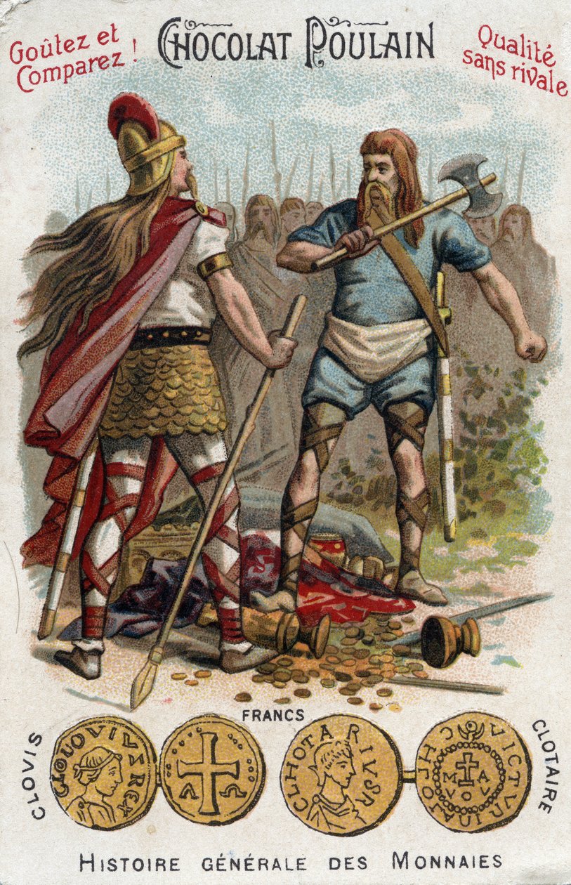 Merovingiens: Clovis 1:a sköt ner soldaten som hade krossat Soissons fartyg, år 486. In General History of Coins. Choklad-fölkromolitografi från slutet av 1800-talet. Privat samling. av Unknown artist