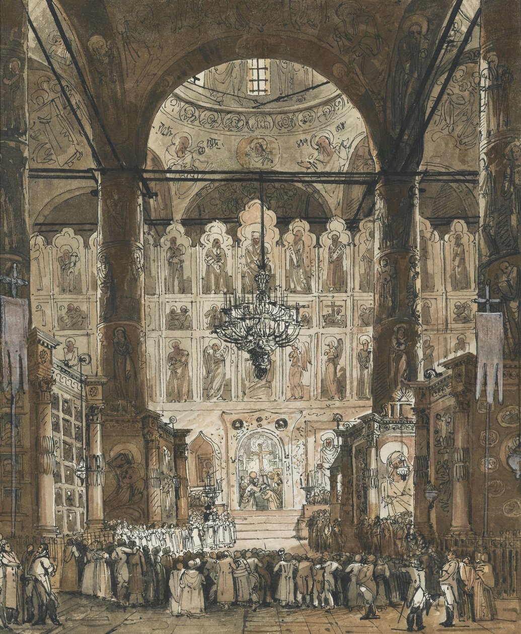 ""Mässa vid Dormitionskatedralen i Moskva Kreml, Ryssland"" (Mässa vid Dormitionskatedralen i Moskva Kreml) Anonym gouache ca 1850 Privat samling av Unknown artist