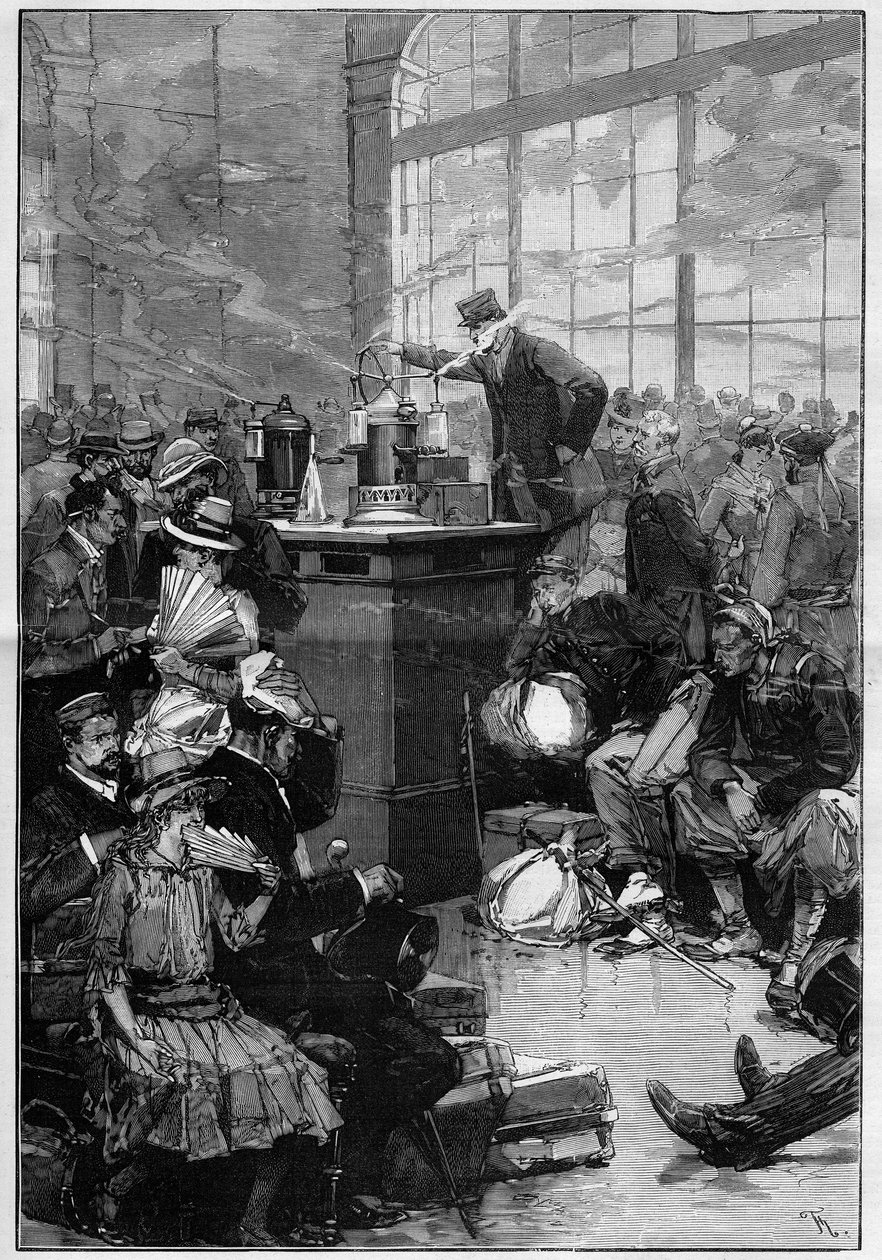Åtgärder vidtagna mot den utbredda koleraepidemin i Toulon: desinfektionsrummet på Gare de Lyon, Paris. Gravyr i ""The Illustrious World"" av Unknown artist