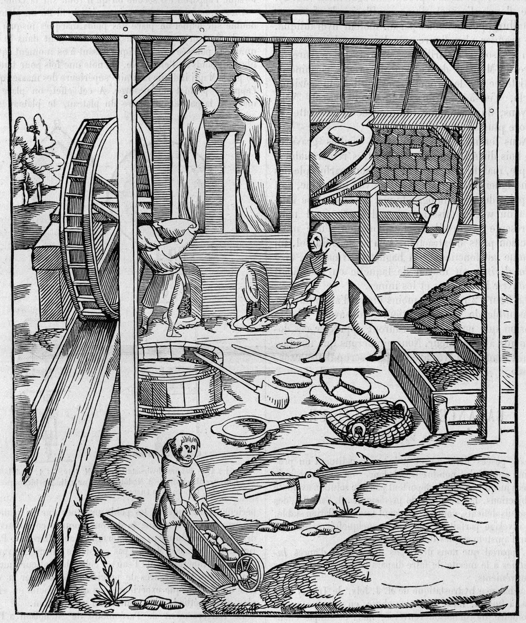 Metallugnsfläkt som drivs av en hydraulmotor. Fac simile (Fac-simile) av en gravyr publicerad i "" Cosmographie"" (1555) av Sebastien Munster. Gravering i "" Nature: granskning av vetenskaperna och deras tillämpningar på konst och industri "" av 10 av Unknown artist