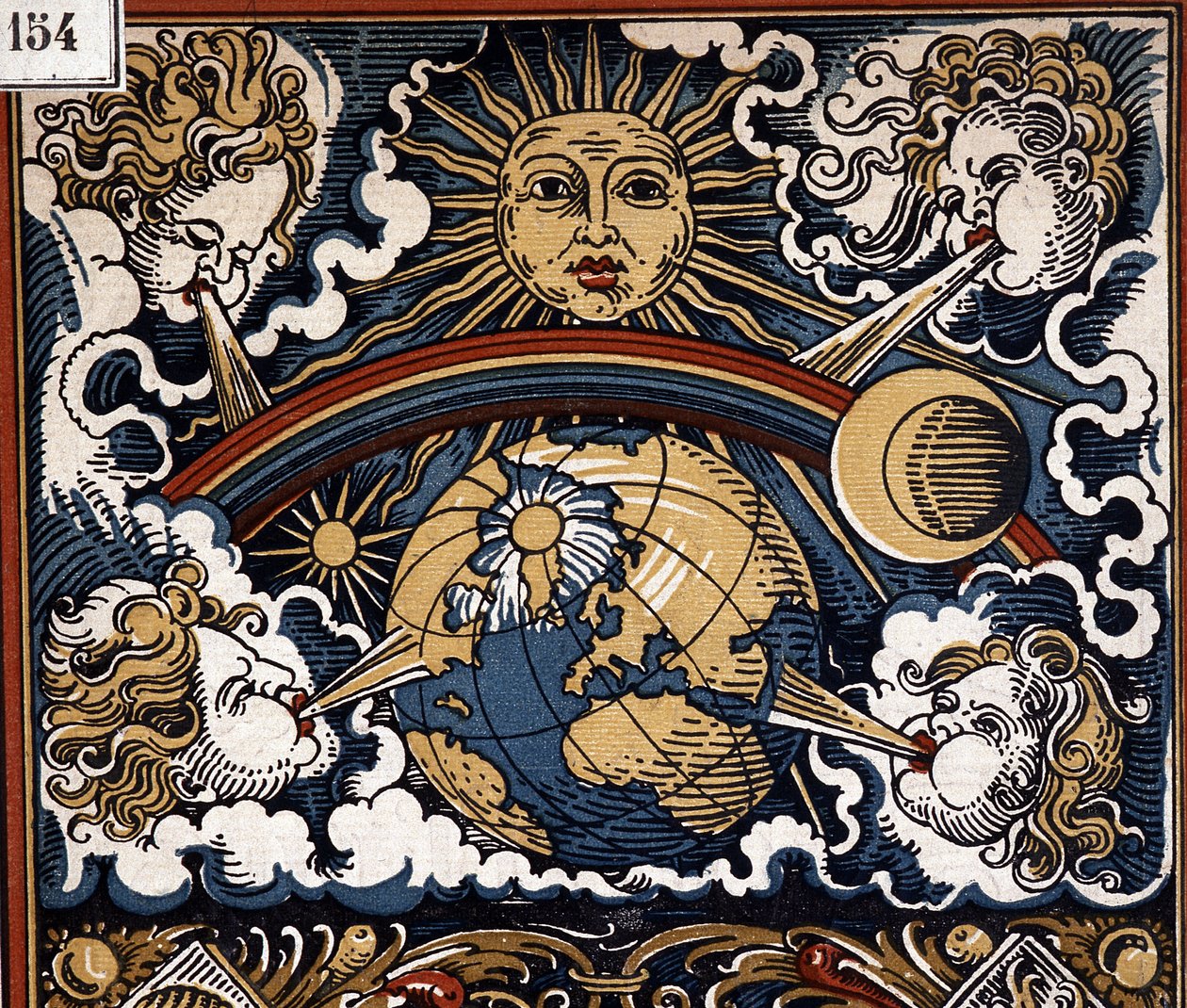 Meteorologisk allegori - Meteorologisk allegori (sol med jord, vindar, regnbåge) - kalenderillustration av Unknown artist
