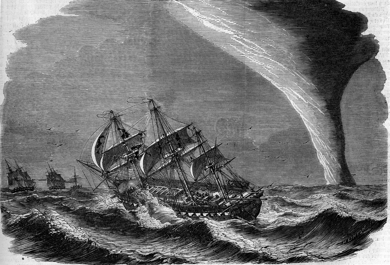 Meteorologiskt fenomen: en pip till havs. Gravyr av Linton i ""The Illustrous World"" nr 49 av 20 mars 1858. av Unknown artist