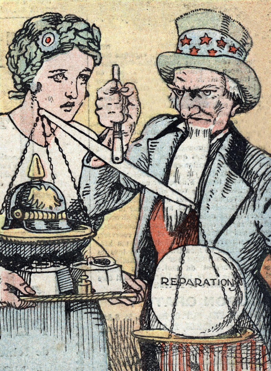 Metrik i USA: plan för införande av metrik representerad med fransk symbol Marianne och Uncle Sam försöker jämna ut vågen för krigsutgifterna Illustration från "Le pelerin" mars 1921 av Unknown Artist