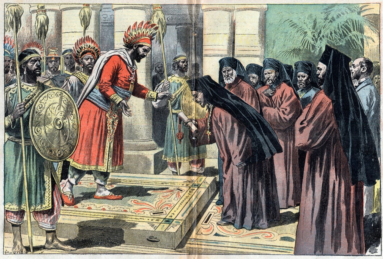 Mgr. Macaire omger 50 präster, överlämnar brevet från påven Leon XIII till kungen av Etiopien Menelik som svarar "" Påven är vår fader allt"", illustration från tidningen Le Pelerin 3 oktober av Unknown artist