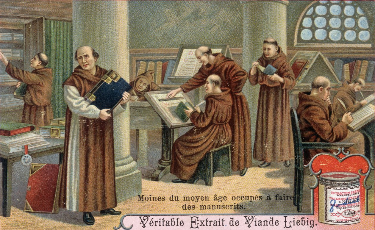Medeltidens munk skriver manuskript. Kromolitografi, Liebig-bild av Unknown artist