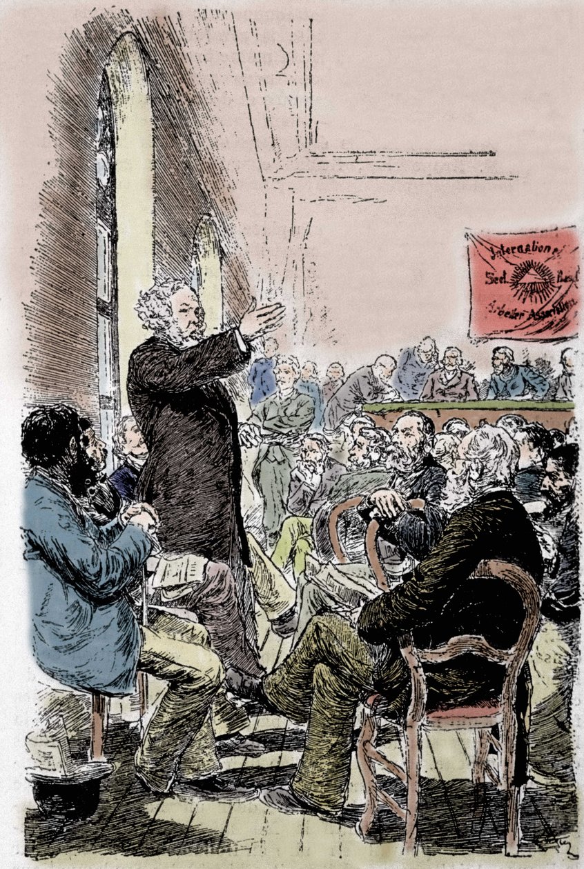 Mikhail Aleksandrovich Bakunin (Bakunin) (1814-1876), rysk anarkist vid Bale-kongressen i Schweiz i september 1869. av Unknown artist