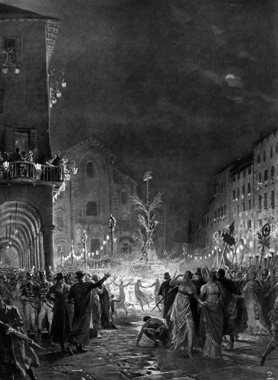 Milanesisk folkmassa i glädje runt Frihetsträdet, symbol för seger över den gamla regimen, 05/1796. Gravyr av 1800-talet av Unknown artist