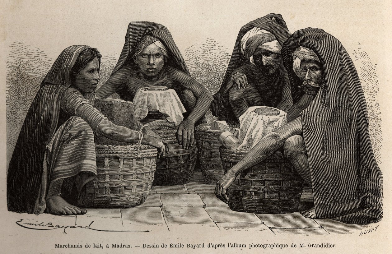 Mjölkhandlare, på gatorna i Madras (dagens Chennai, Tamil Nadu). Gravyr för att illustrera resan i Indiens meridionalprovinser, av Alfred Grandidier, 1862-1864, publicerad i "" le tour du monde", under ledning av D