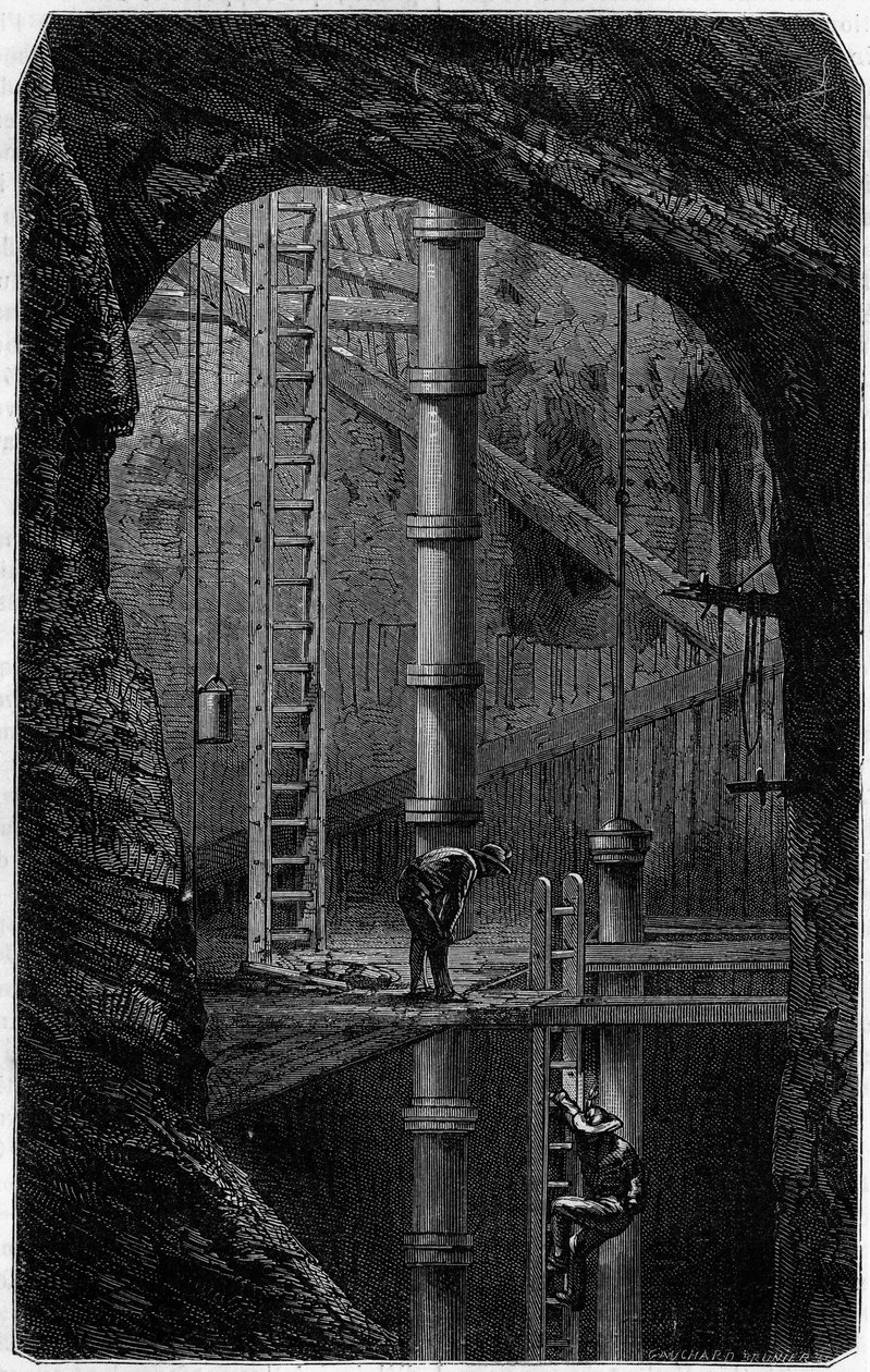 Gruvarbetare inne i en plåtgruva i Cornwall, England. Gravyr i journalen "" La jeunesse"" av Unknown artist