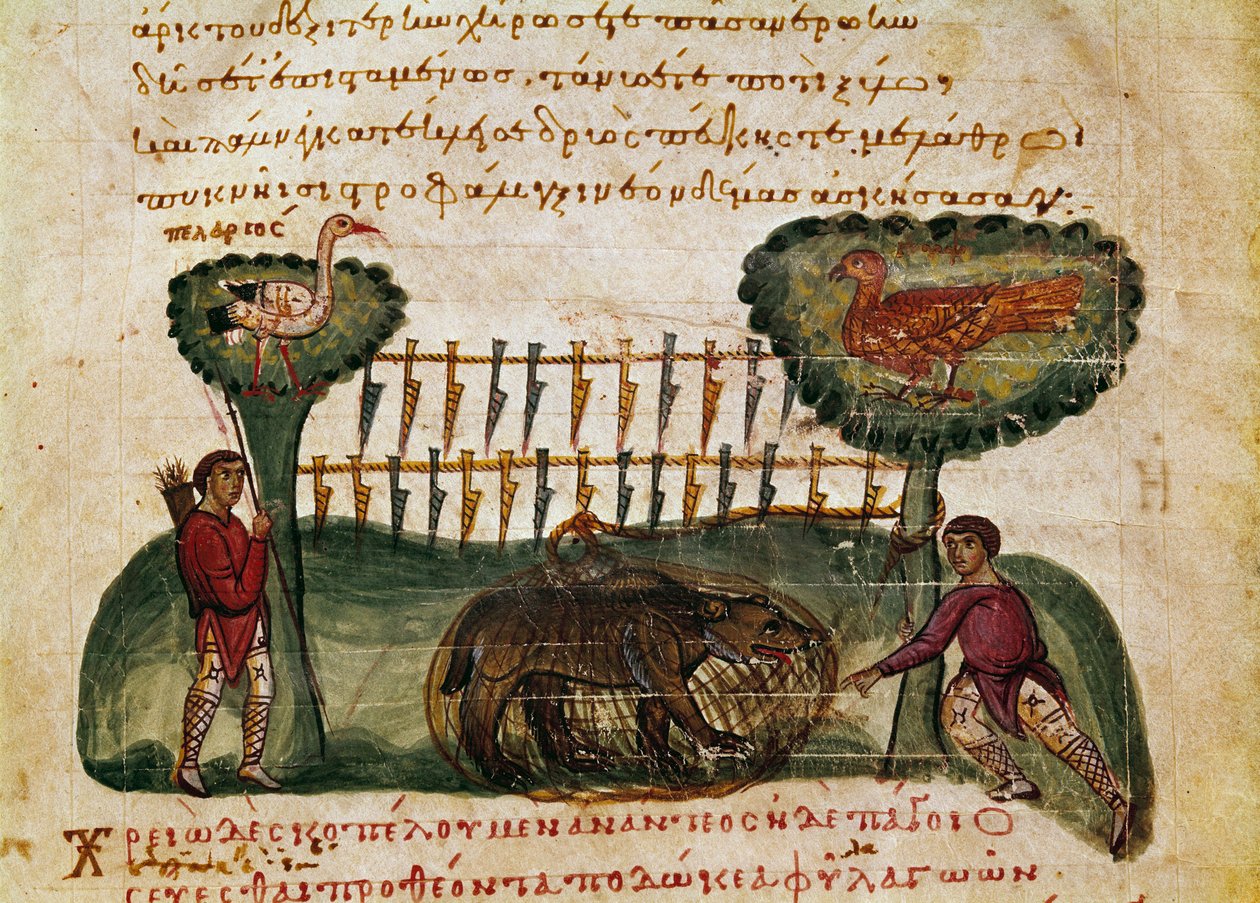 Miniatyr björnjaktsscen från jakten ""The Cynegetics"" av Oppian (Oppian eller Oppianus) i Syrien (3:e århundradet e.Kr.) tillägnad Caracalla. 1000-talets Venedig. Biblioteca Marciana av Unknown artist
