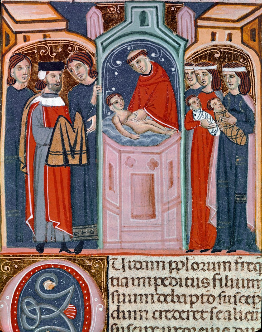 Miniatyrdopsscen hämtad från Justinian Code (Codex Justinianus), samling av lagar och institutioner publicerad under den romerske kejsaren Justinian I av Bysans (483-565) av Unknown artist