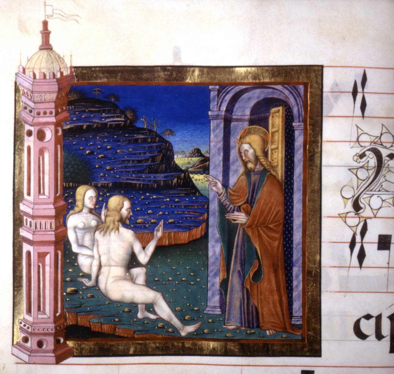 Miniatyr som visar skapandet av Adam och Eva av Gud. Antifonär. 1400-talet. Biblioteca av Lodi av Unknown artist
