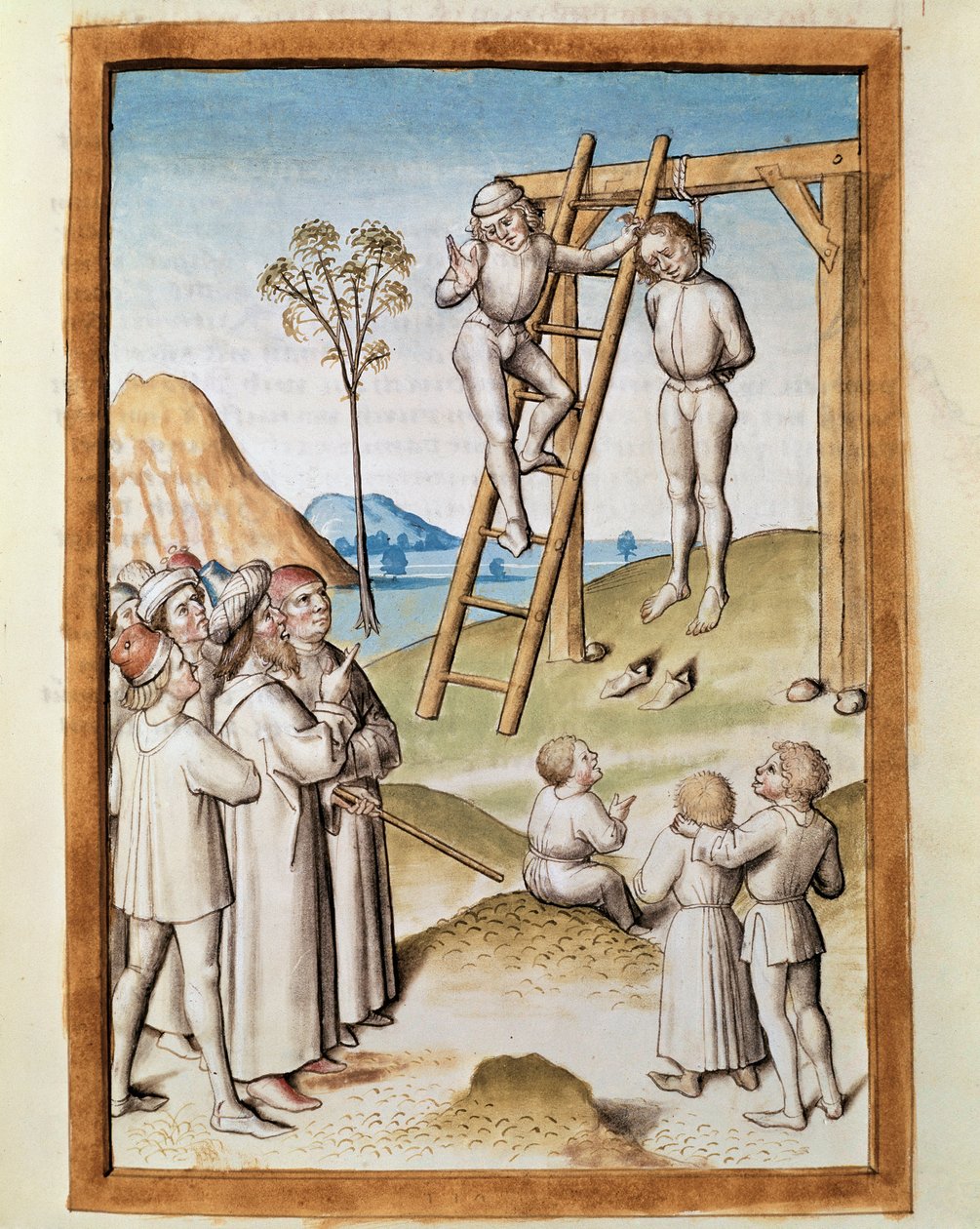 Hängande miniatyrscen hämtad från en tysk översättning av fablerna om "Kalila (Calila) och Dimna" av Bidpai. (ms. 1389, fol. 117) omkring 1480 Chantilly, musée Conde av Unknown artist