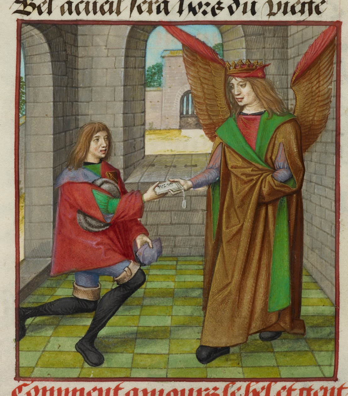 Miniatyr av Amour (Kärlek) som överlämnar ett brev till en budbärare, från "Le Roman de la Rose" av Unknown artist