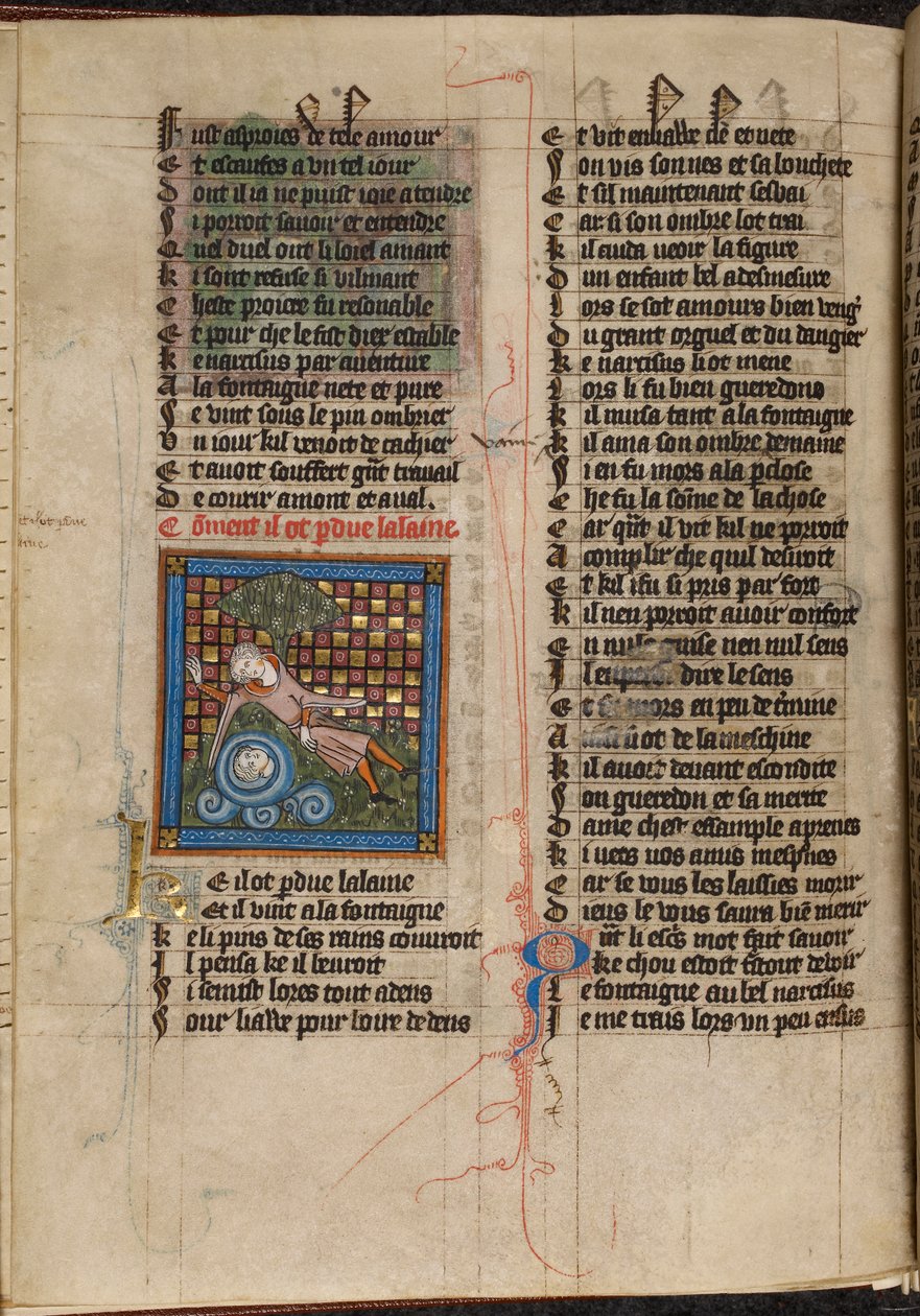 Miniatyr av Narcissus som beundrar sin reflektion i en fontän, från "Le Roman de la Rose" av Unknown artist