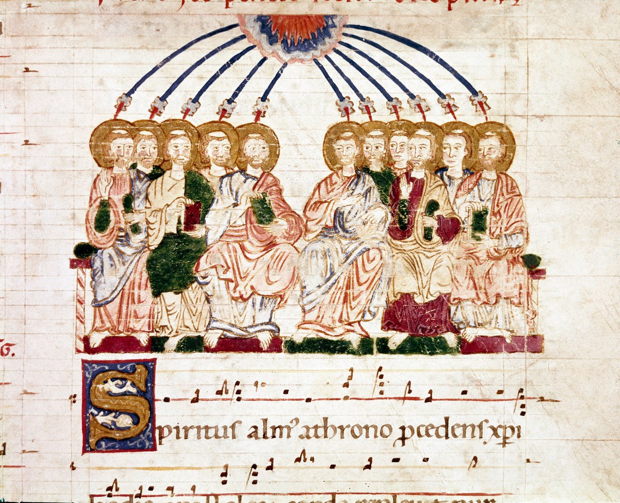 Miniatyr pentecote från en gradvis antifonär (tropair) (ms. 65) Plaisance från 1100-talet, Biblioteca Capitolare av Unknown artist