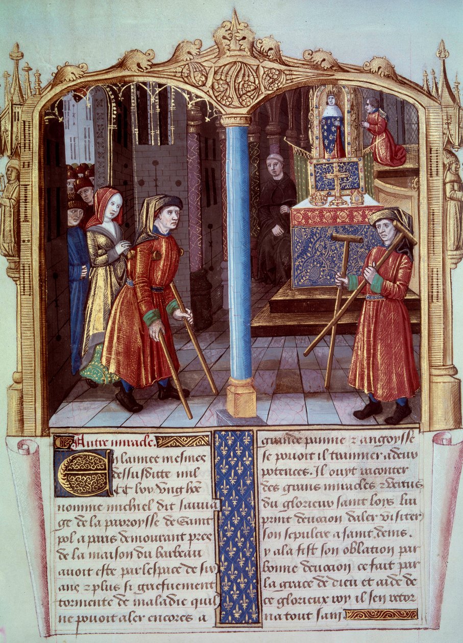 Miracle of Saint Louis (1214-1270): en krigare av en halt med bequille. Miniatyr i "" Life and miracles of Saint Louis"" av Unknown artist