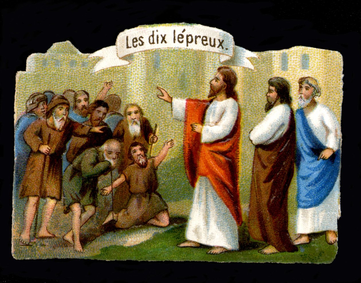 Jesu mirakel. Kristus som bekämpar de spetälska. 1800-talets kromolitografi. av Unknown artist