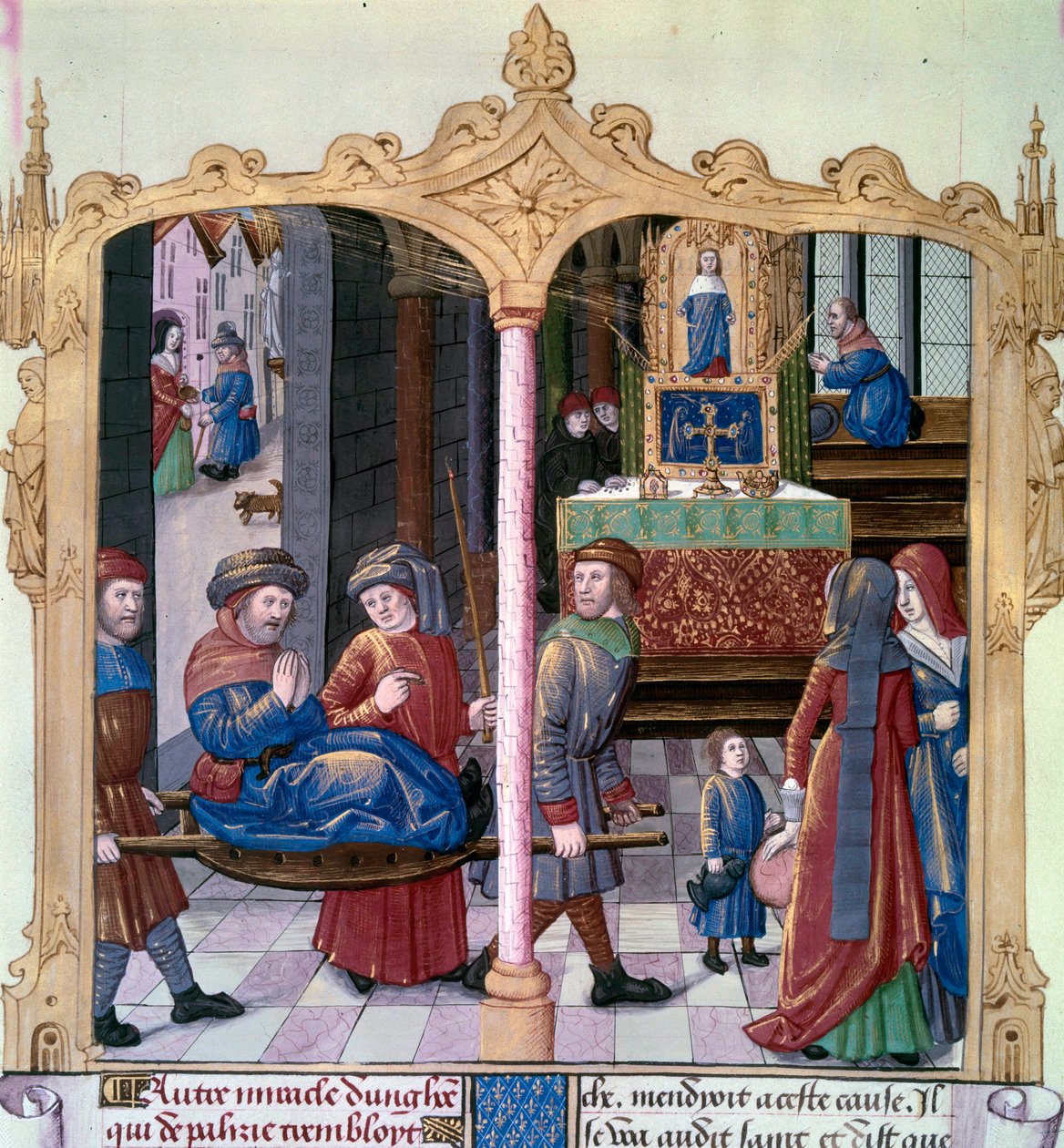 Mirakel från Saint Louis: Kung Ludvig IX (1214-1270) kämpade mot en förlamad. Miniatyr från ett manuskript "The Book of Facts Monsignor Saint Louis"" 1400-talet. Paris, B.N av Unknown artist