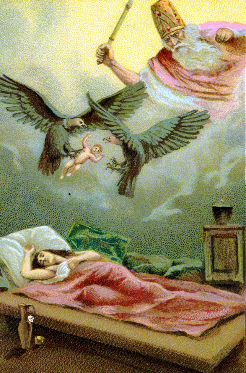 Mirakulös födelse av Zarathustra (Zarathushtra, Zarathustra, Zarathustra eller Zoroastrian), iransk profet och religiös reformator (600-talet f.Kr.). kromolitografi från 1800-talet. av Unknown artist