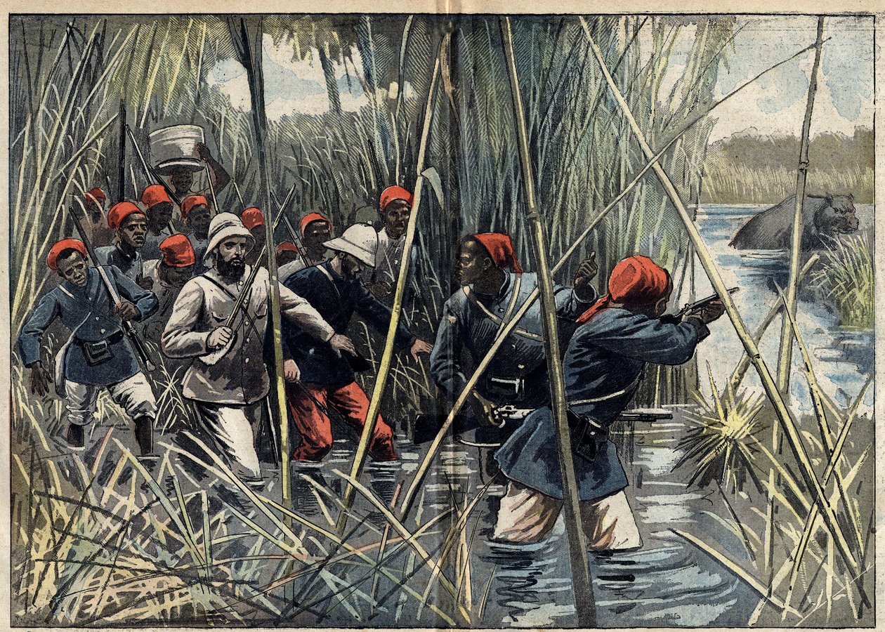 Mission Marchand (1896-1899) till Fachoda (Sudan): den franske kaptenen Baratier (1864-1917) och hans trupper ryckte fram genom kärret mot Fachoda. (Enligt kapten Baratiers loggbok). Illustration i "" Le Pelerin"" den 6 november av Unknown artist