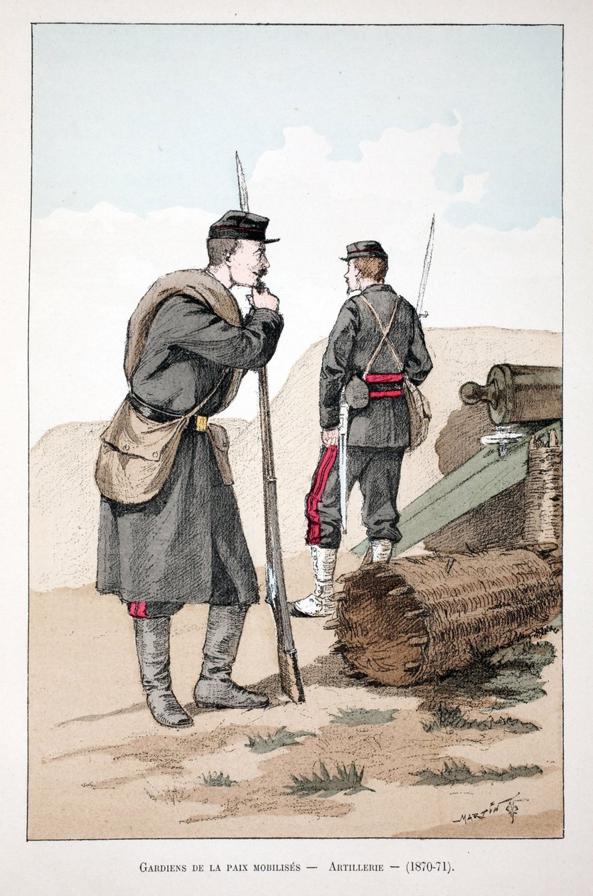 Mobiliserade fredsbevarare (1870-1871). Etsning i färger, för illustration "" History of the Corps of Peacekeepers""" bok publicerad under beskydd av Louis Lepine (1846-1933), prefekt för polisen på Seine, av Alfred Rey (1864-?) och Louis Feron av Unknown artist