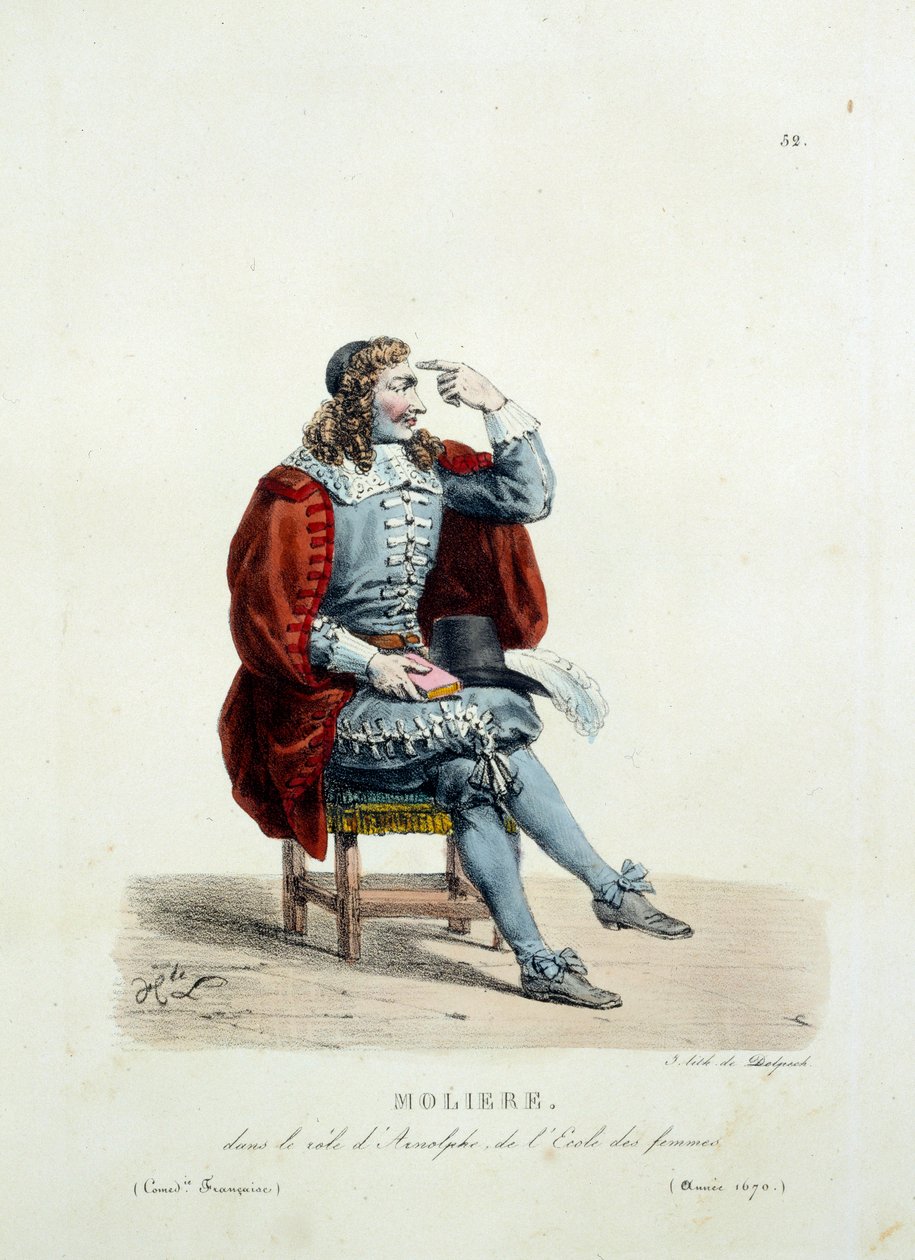 Molieres kostym i rollen som Arnolphe i stycket "Kvinnornas skola"" 1670. Kostym av fransk komedi av Hippolyte Lecomte (1781-1857). Gravyr av 1800-talet. Coll. Nu går vi. av Unknown artist