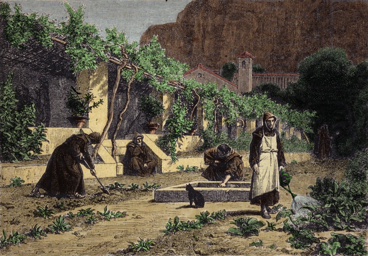 Klostrets grönsaksträdgård: munkar trädgårdar för att odla grönsaker i sin trädgård. Gravyr av 1800-talet av Unknown artist