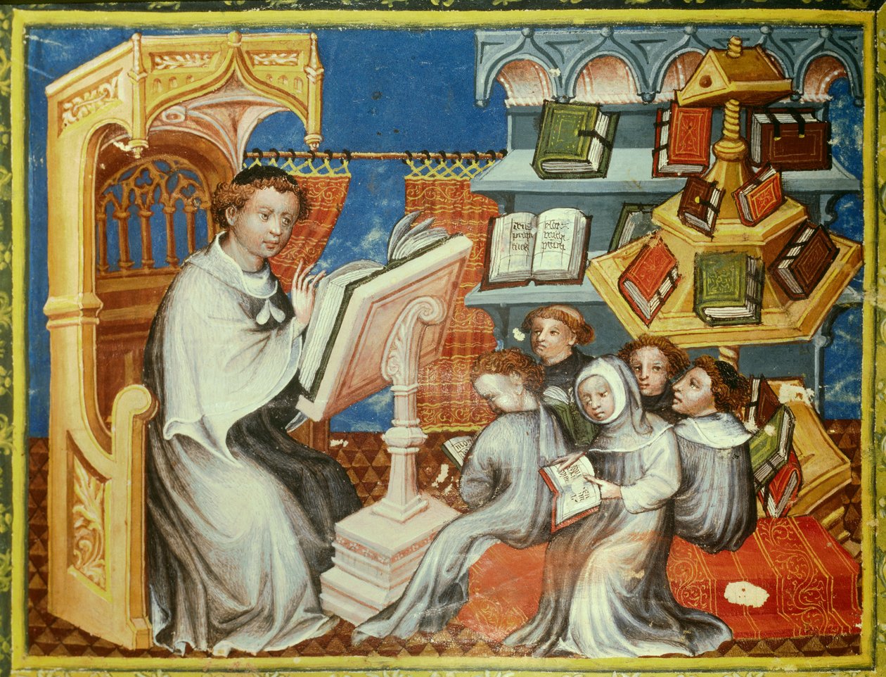 Monastisk skola i klostret för eremiterna i Saint Augustine i Paris: en munk på en predikstol läser en lecon med tonåringar men också med laics. Till höger ett pundhjul. Miniatyr i "" bible historiee"" (Bible historiale) av Pierre Comestor (P av Unknown artist