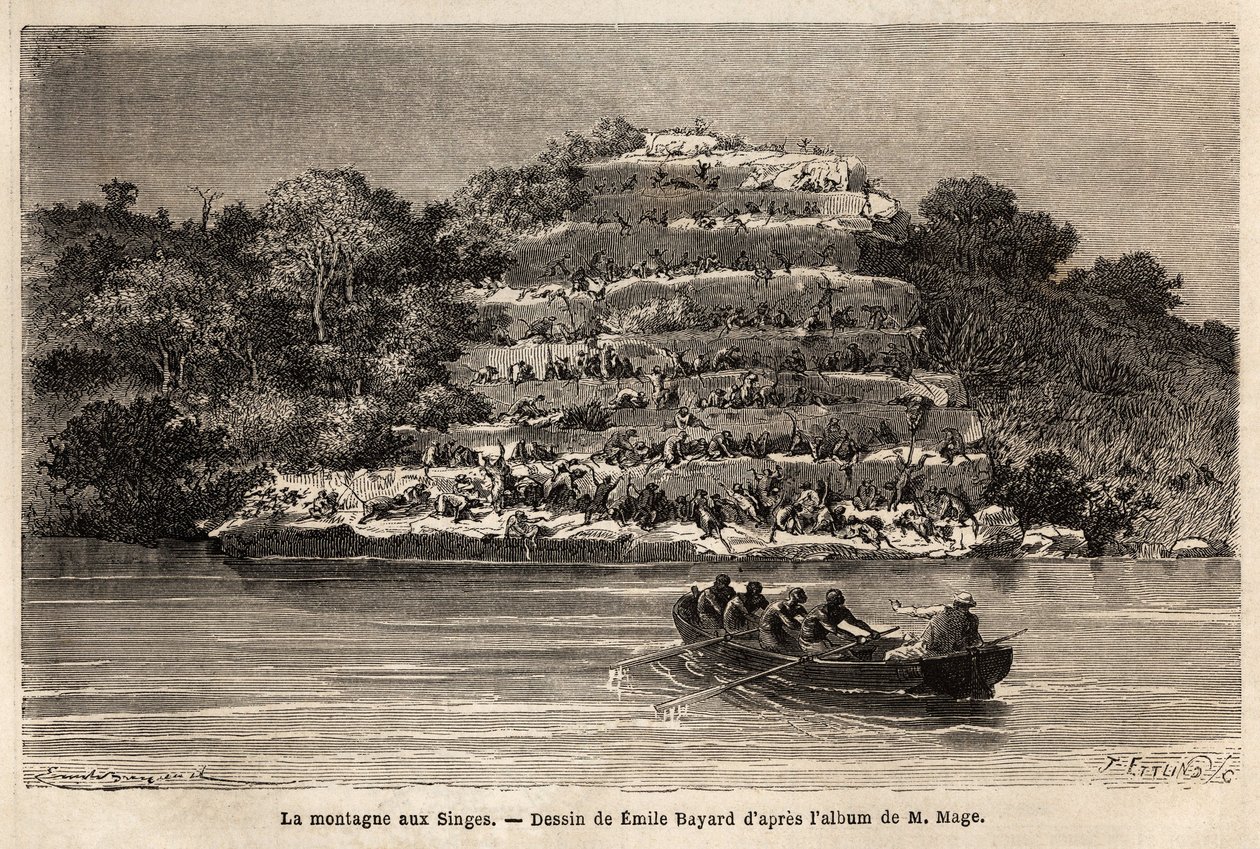 Monkey Mountain, längs Senegalfloden, strax efter Gouinafallen (Mali). Gravyr för att illustrera historien om löjtnant Mages resa i västra Sudan mellan 1863 och 1866, publicerad i "Le tour du monde, nouveau journal des voyages"" under d av Unknown artist