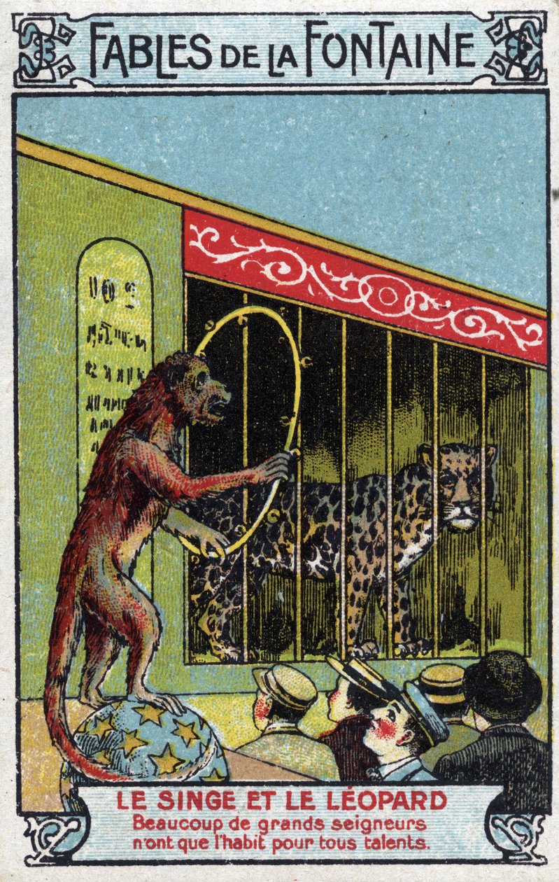 Apa och leopard - Fabler av Jean de La Fontaine (1621-95) - Kromolitografi från slutet av 1800-talets privatsamling av Unknown artist