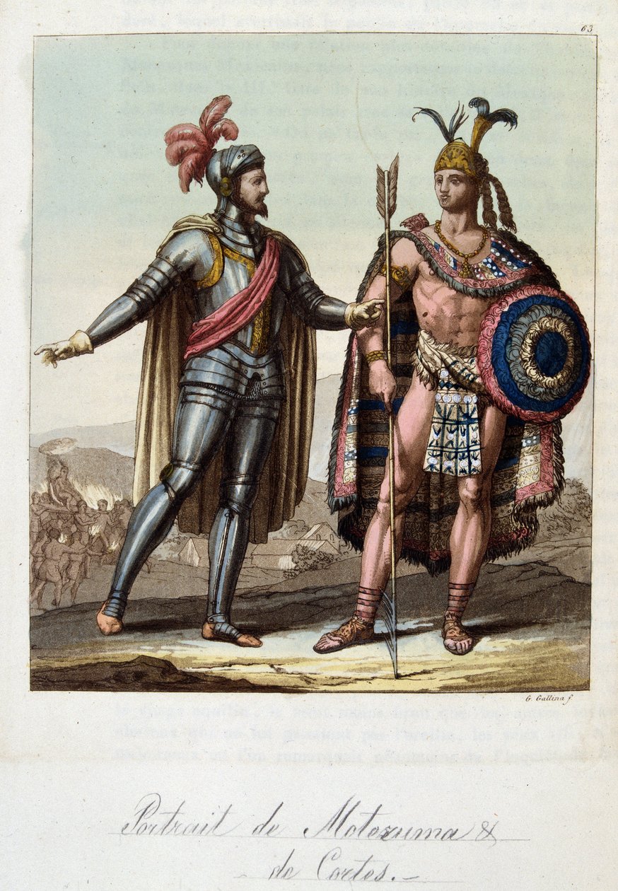 Montezuma II, aztekernas kung, och Hernan (eller Hernando) Cortes eller Fernand Cortez (1485-1547), spansk conquistador - i "" Den gamla och moderna kostymen"" av Ferrario, red. Milano av Unknown artist