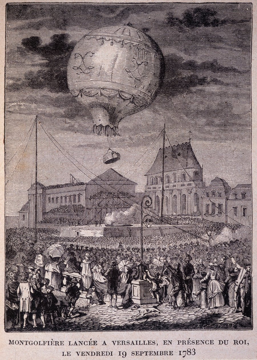 Montgolfiere sjösattes i Versailles, i närvaro av kungen (Louis XVI), fredagen 19/09/1783 - i "" Les Contemporains"", n.d. slutet av 1800-talet. av Unknown artist