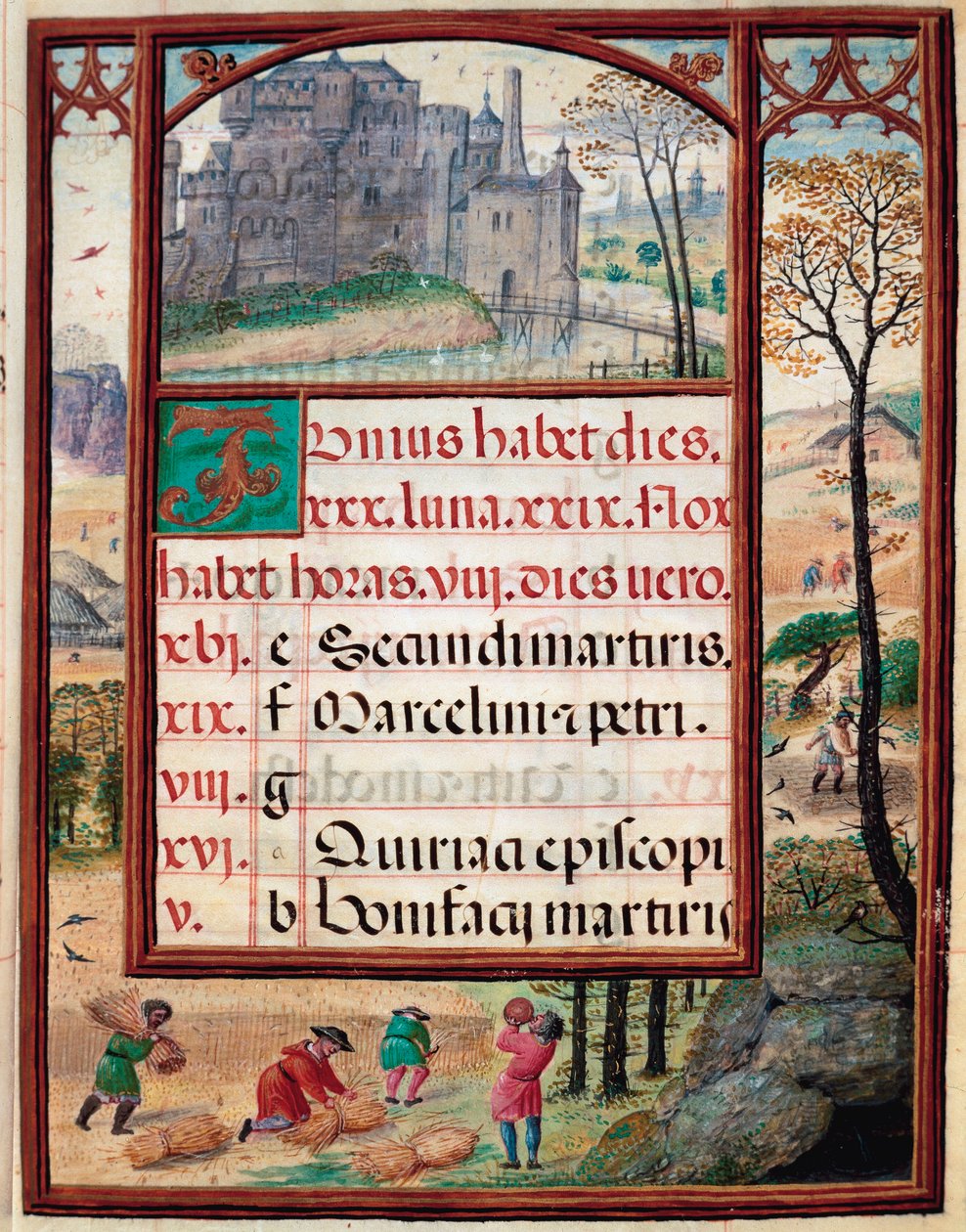 Juni månad: landskap och skördar. Bönder på jobbet. Sida i manuskriptet "Timmarsbok" av Manuel I av Portugal (1469-1521) 1517. Lissabon, Museo di Arte Antica av Unknown artist