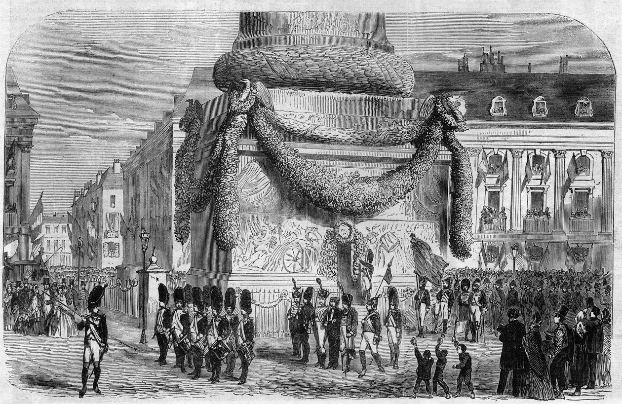 Nationalfestens morgon den 15 augusti 1864 vid foten av kolonnen på Place Vendome i Paris. Gravyr i "The Illustrious Universe" av Unknown artist