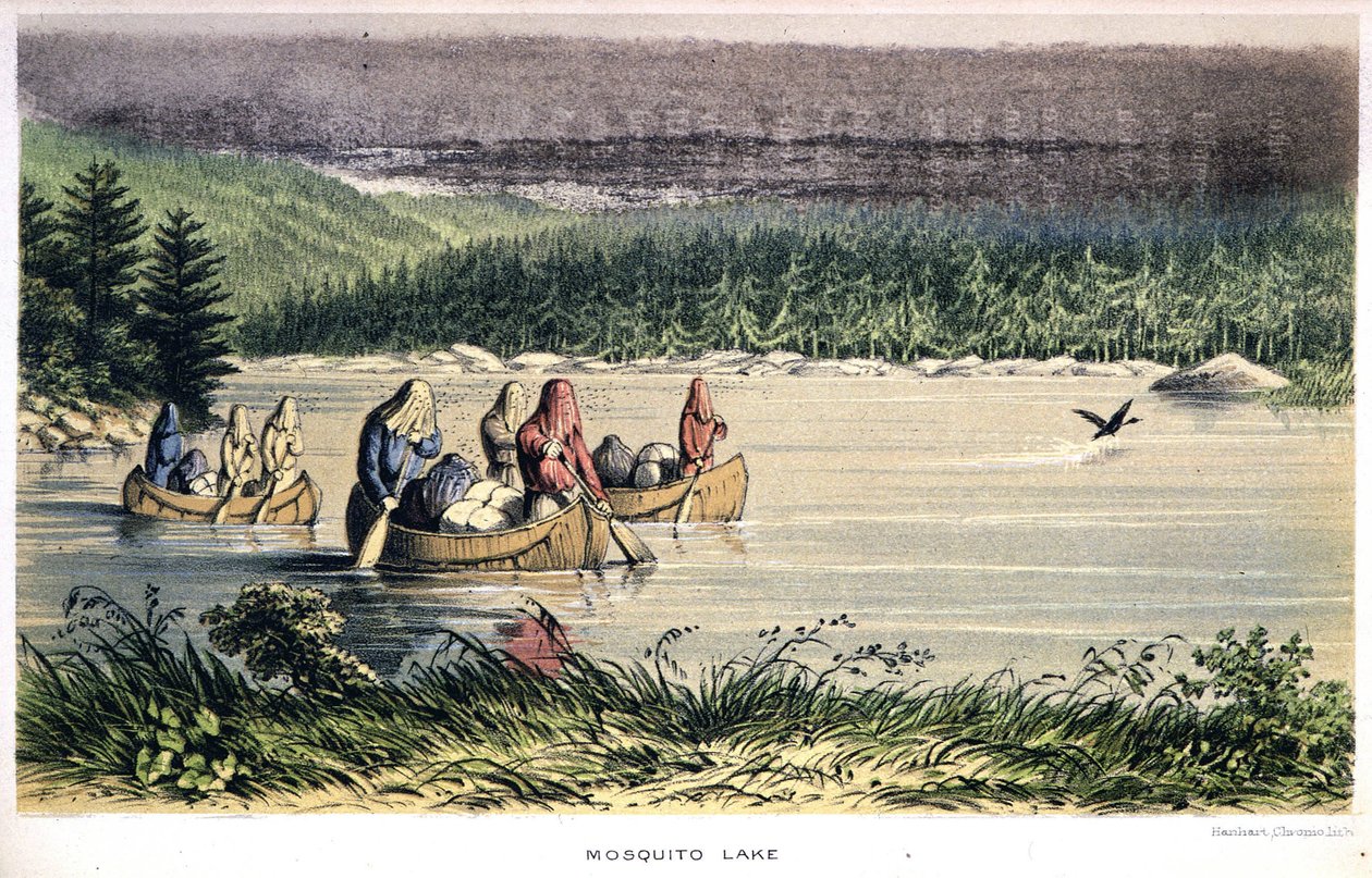 Mosquito Lake i Kanada: Indianer kanot över sjön med myggnät på huvudet - i "Exploration of the Labrador Peninsula" av Hind, London av Unknown artist