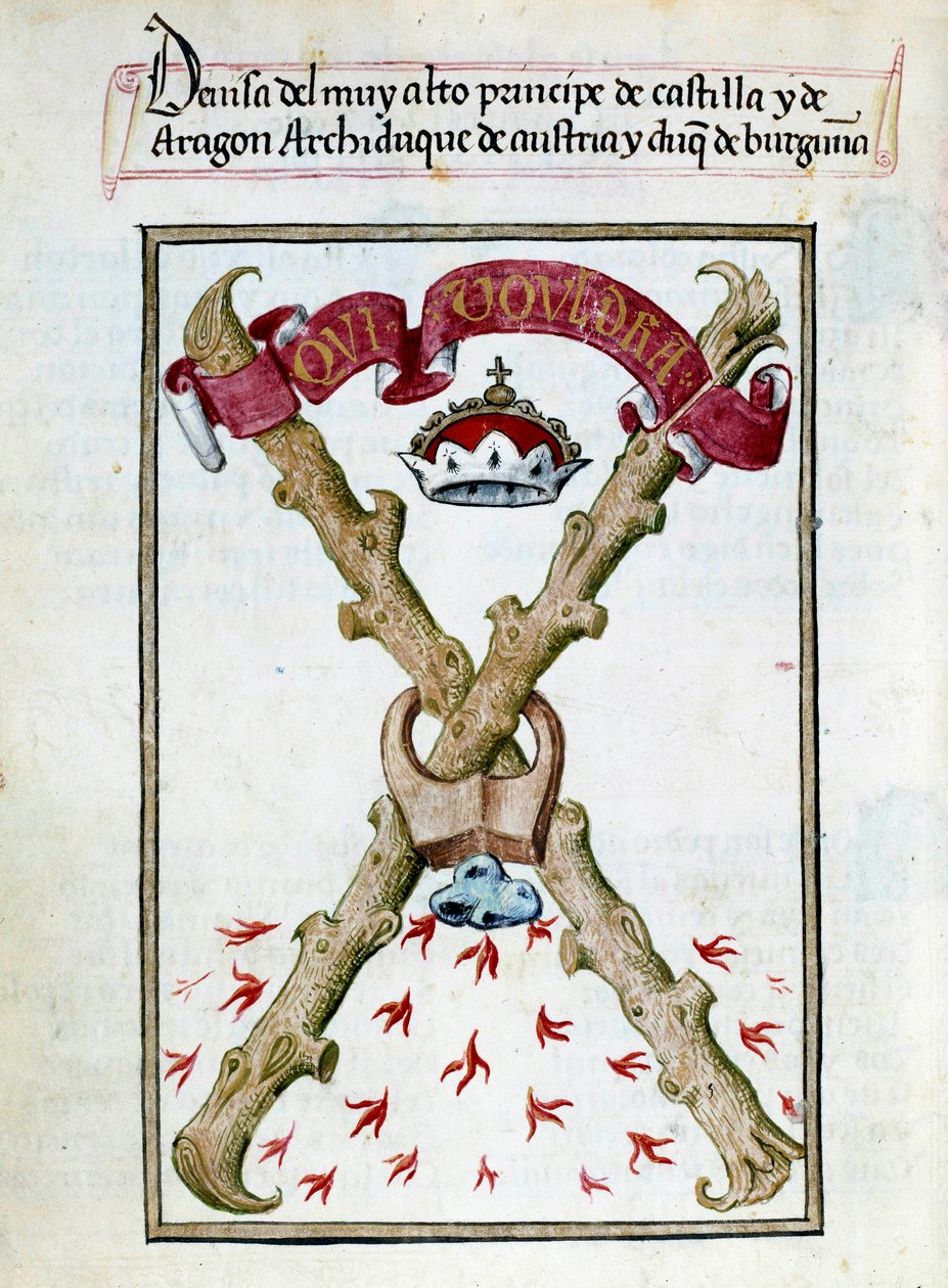 Motto för hertigarna av Bourgogne. Manuskriptsida hämtad från "" Collection of devotion of Queen Joan the Folle (1479-1555) of Spain"" av Pedro Marcuello ("Devotional of Queen Da Juana who was called the Madwoman") 1400-talets Chantilly, Musee Conde av Unknown artist