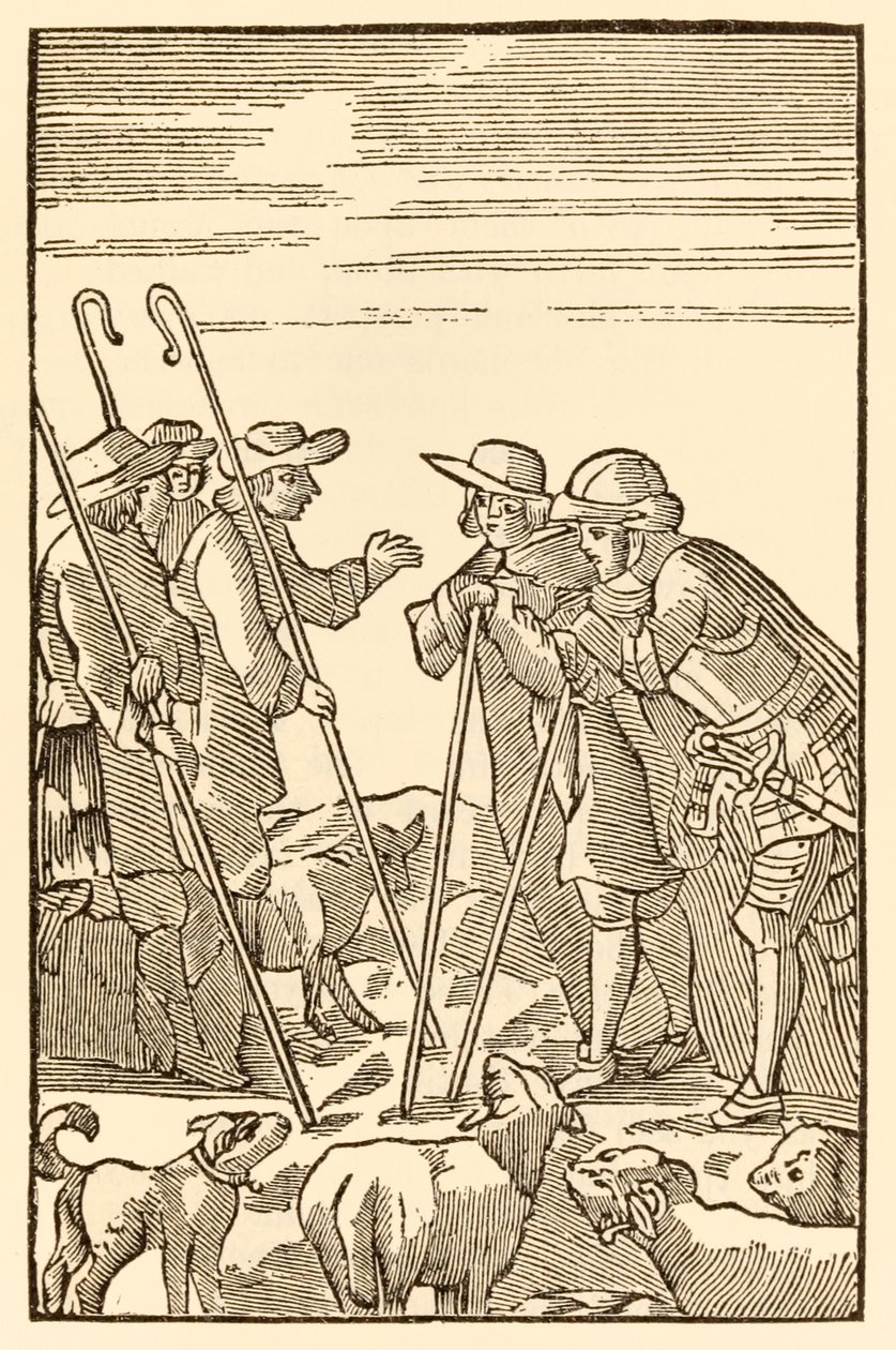 Mountain Delectable de går nu upp från The Pilgrims Progress From This World, To That Who Is To Come av John Bunyan (1628-1688) Christian and Hopeful meet the Shepherds: Knowledge, Experience, Wat av Unknown