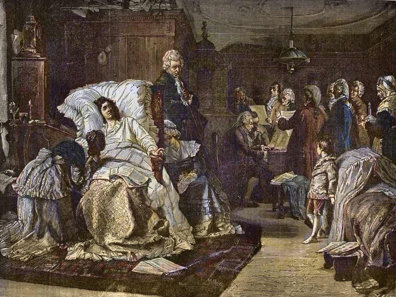 Mozarts sista dagar efter målning av Hermann Kaulbach (1846-1909) - Gli ultimi momenti di Mozart - sista dagen av Wolfgang Amadeus Mozart - gravyr i den berömda veckotidningen "" Popular Music """ - 1882 av Unknown artist