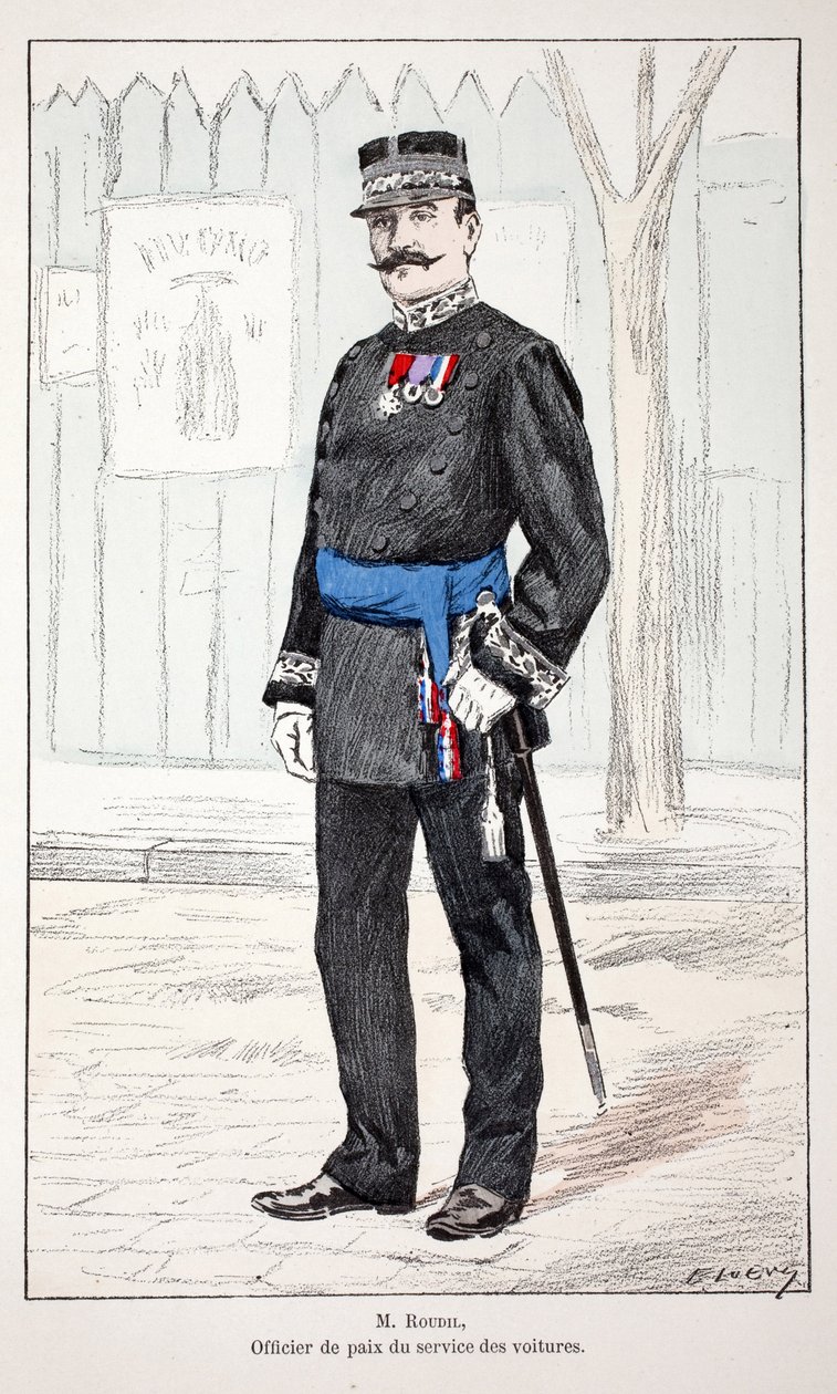 Mr Roudil, fredsofficer för biltjänsten. Etsning i färger, för illustration "" History of the Corps of Peacekeepers""" bok publicerad under beskydd av Louis Lepine (1846-1933), prefekt för polisen på Seine, av Alfred Rey (1864-?) och Lo av Unknown artist