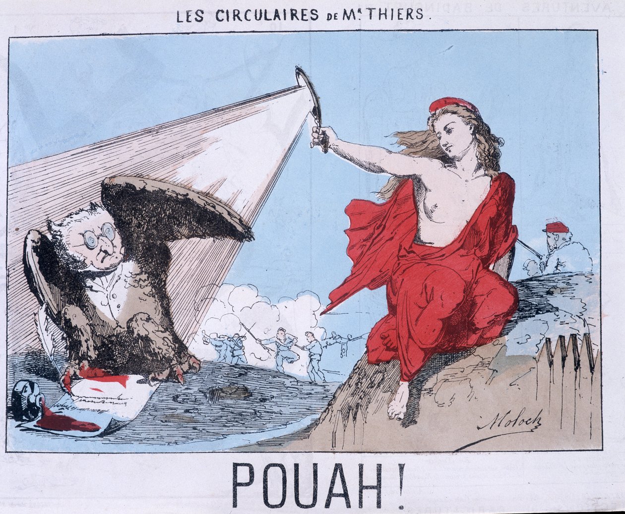 Mr. Thiers flygblad - Pouah! : Tecknad av Thiers i Owl and Marianne (La commune) lyser upp honom. av Unknown artist