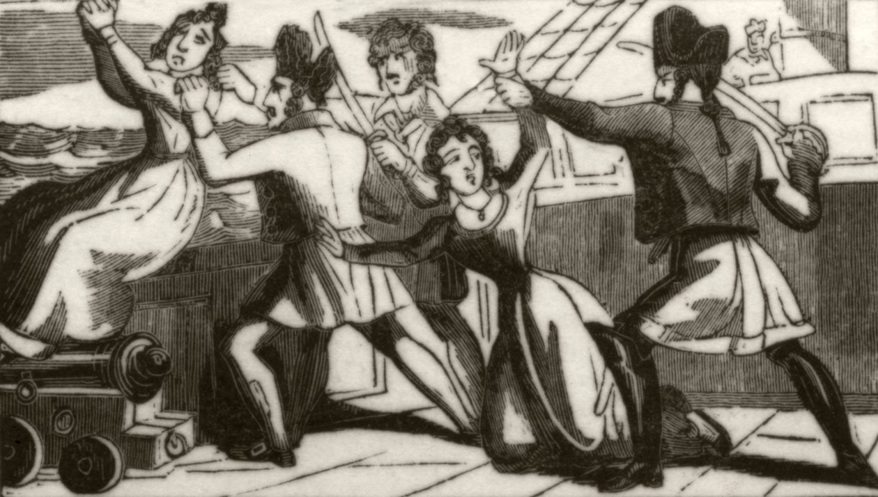 "Mrs Glass och hennes dotter vädjar till piraterna att rädda deras liv", ca 1836 av Unknown artist