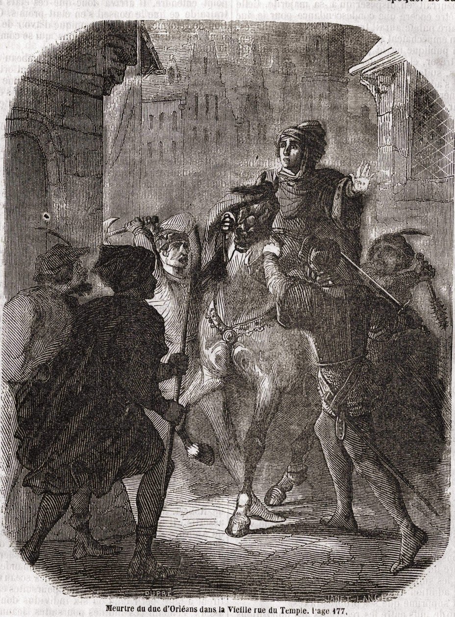 Mordet på Ludvig I av Valois, hertig av Orléans (1372 - 1407) i Old Rue du Temple av Jean Sans Ppeur - i "" Histoire de France"" av L.-P. Anquetil av Unknown artist
