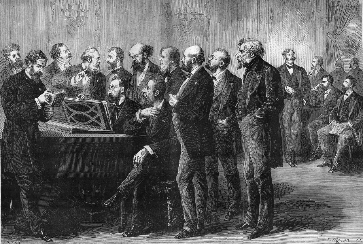 Musikalisk tävling av staden Paris 1878. Juryn vid Palais du Luxemburg granskar partituren "Pardis lost" och "Mug". Från vänster till höger: Column, Perrin, Cherouvrier, Gounod, Boulanger, Camille Saint Saens (Saint-Saens), Lenepveu, vaucorbe av Unknown artist