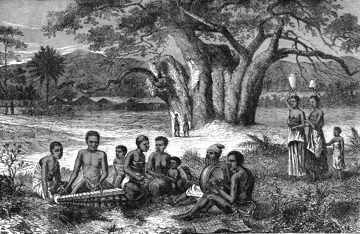 Musiker vid stranden av Zambezifloden, Afrika. Gravyr 1885 av Unknown artist