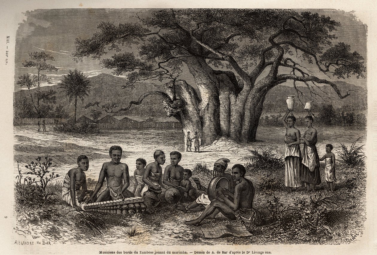 Musiker som spelar marimba (en blandning av balafon och precolombianska instrument) på stranden av floden Zambese. Gravyr för att illustrera Dr. Livingstones första resor till södra Afrika från 1840 till 1856, i "Le tour du monde, nouveau journal des voyag av Unknown artist