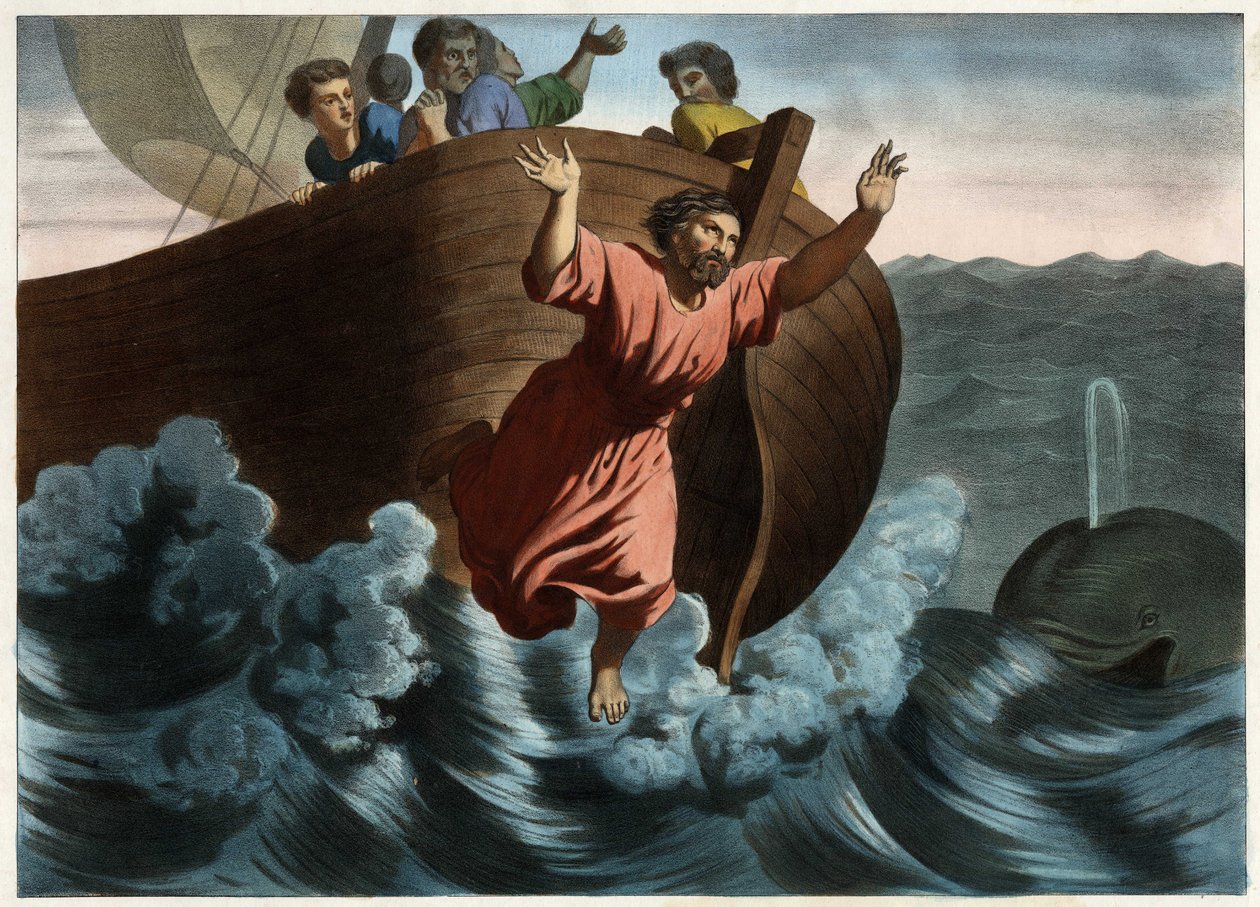 Utnämnd till ansvarig för stormen som hotade fartyget, föreslog Jonas att det skulle kastas överbord. Gud sände en fisk som svalde profeten. Anonym gravyr från mitten av 1800-talet. av Unknown artist