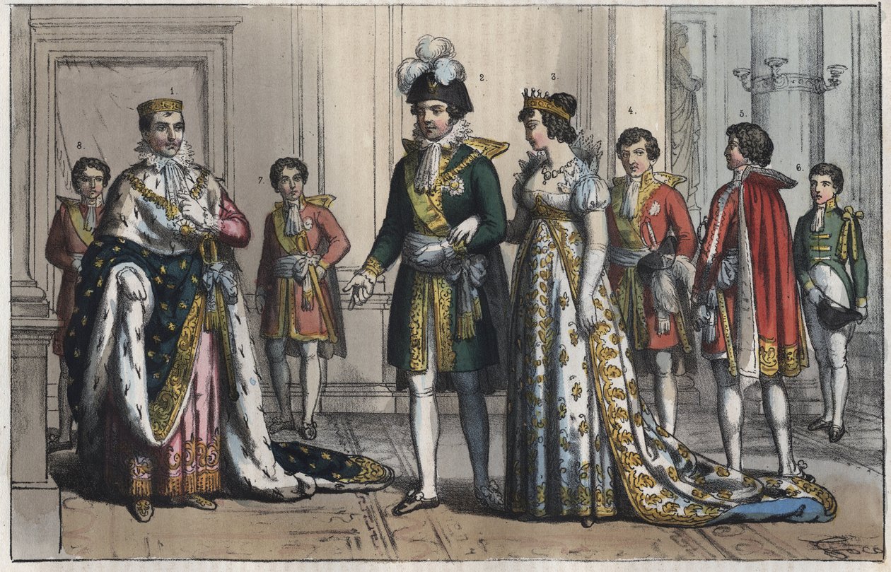 Napoleon Bonaparte (1769-1821), som kung av Italien - Vicekung (vicekung) - en vicekungs hustru - Butler - Lord Chamberlain - Page-boy - equerry - ceremonimästare - gravyr från "" Seder och seder av alla folk i universum. Eller regeringens historia, av Unknown artist