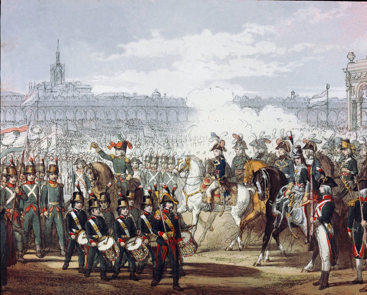 Napoleon Bonaparte (1769-1821) recenserar den lombardiska och cispadanska legionen av milisen den 09/07/1797 akvarellgravyr. Milano, Museo del Risorgimento av Unknown artist