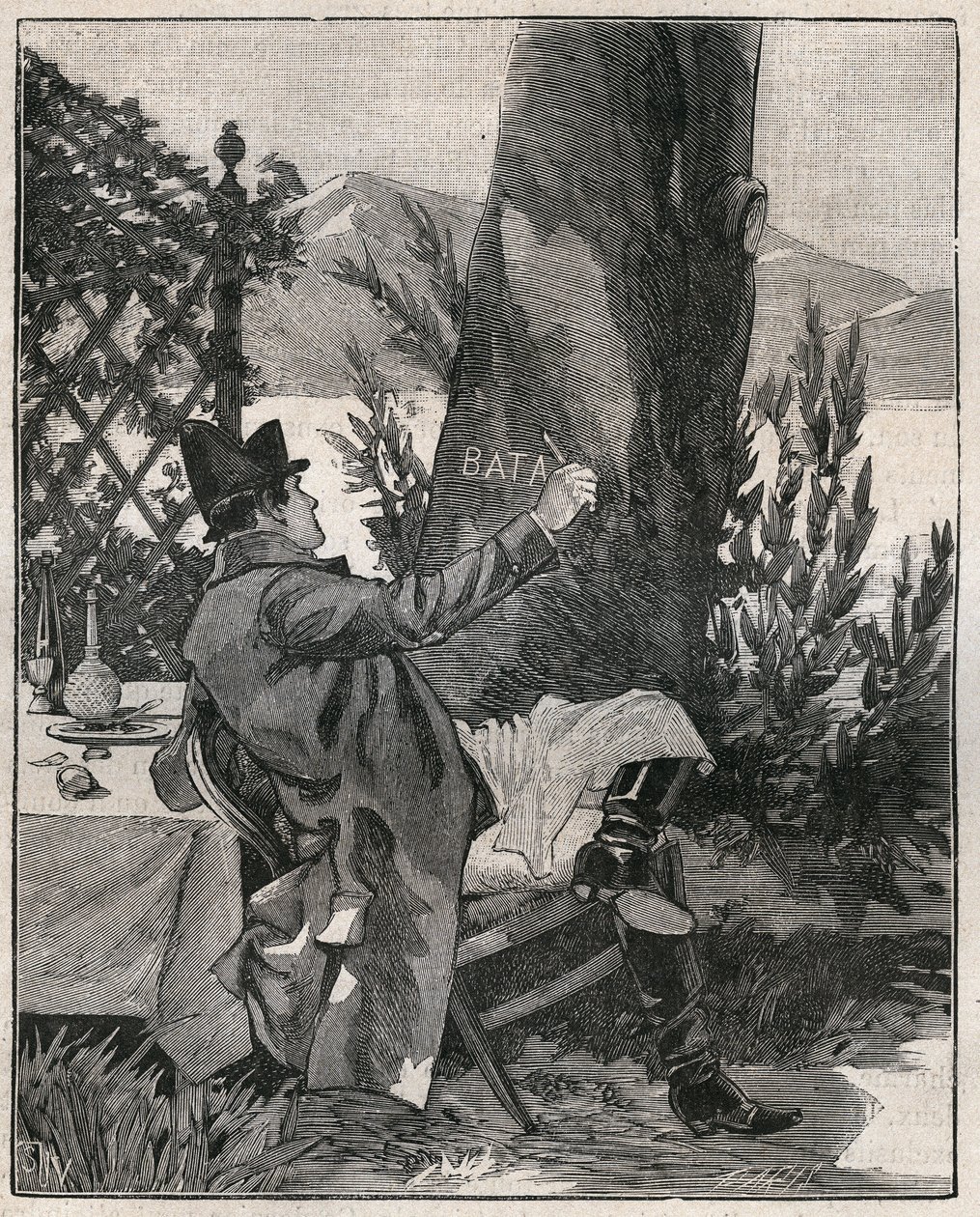 Napoleon Bonaparte (1769-1821) skrev ordet "Bataglia" på stammen av ett lagerträd på ön Isola Bella vid Maggioresjön (Lago Maggiore), tre dagar före slaget vid Marengo år 1800. Gravyr från 1885 i "" Les arts et metiers illustres” av Unknown artist